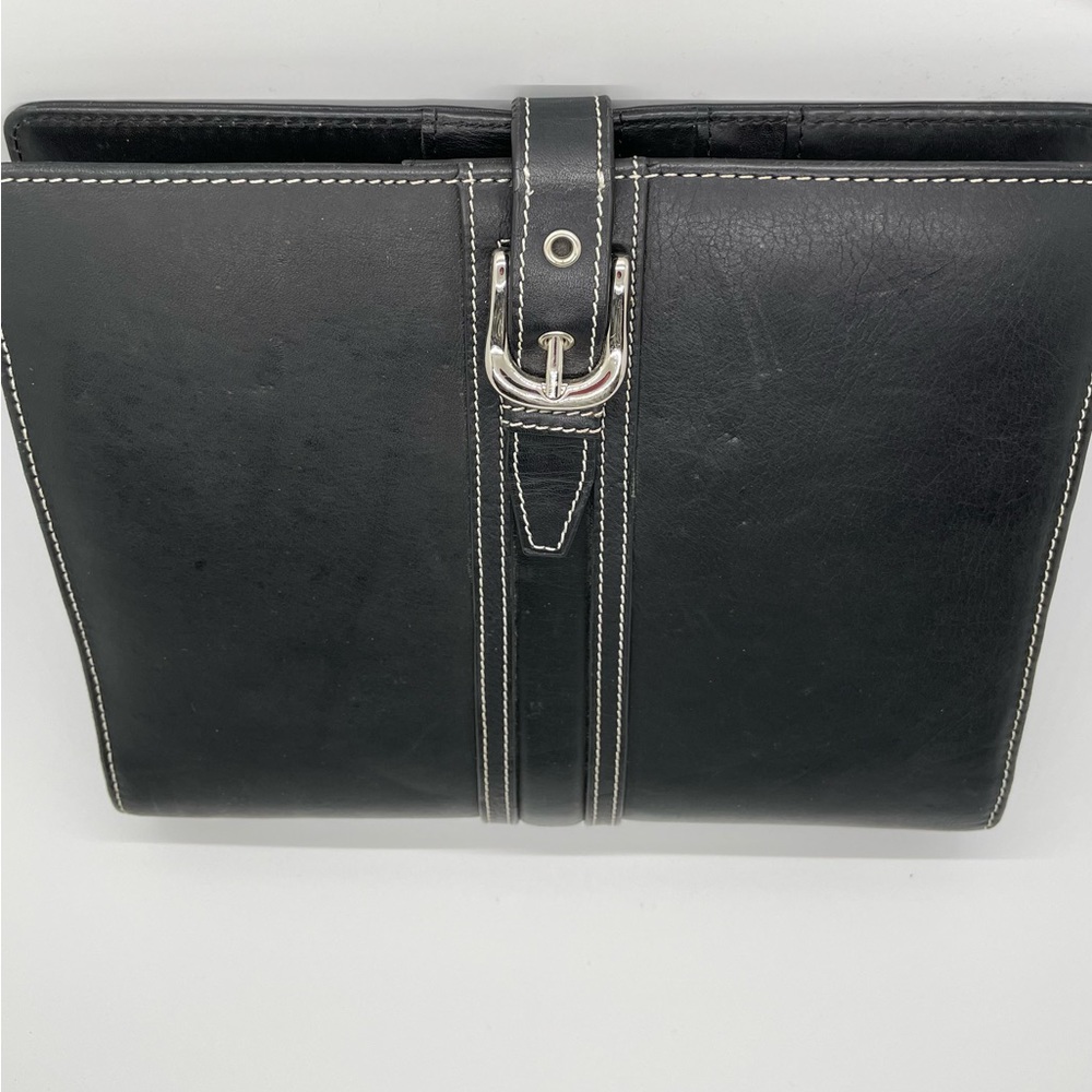 Franklin Covey black leather planner w/white top-stitching & buckle/strap